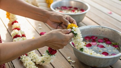 Hands stringing fresh flower garlands with petals floating in water bowls on a wooden surface, symbolizing traditional crafting and cultural practice.