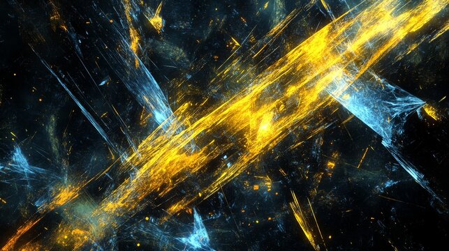 64.Abstract geometric border made of fragmented yellow and blue shards, heavy grain and scratched grunge overlays on a black surface, glowing edges and motion blur hinting at high-energy sports