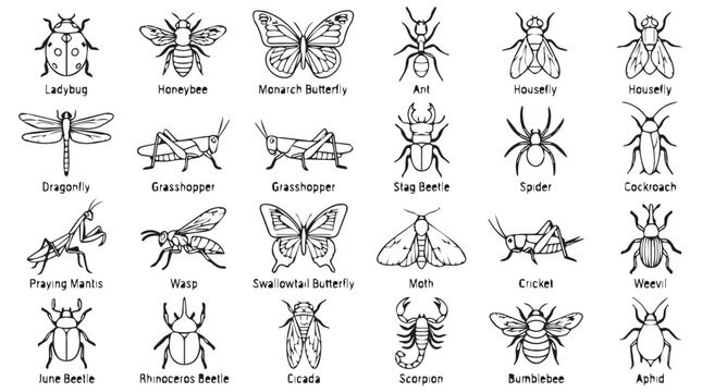 A detailed illustration of various insects, including beetles, butterflies, and bugs, on a Transparent Background.