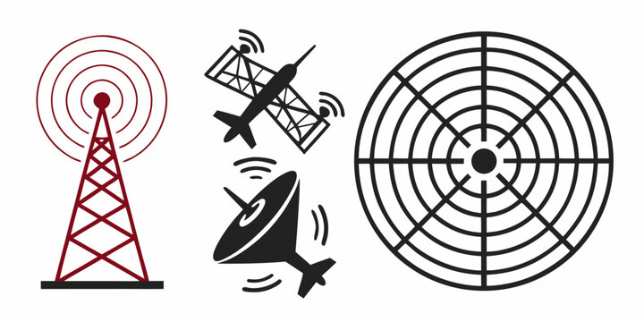 Collection of anti-aircraft radar icons featuring a tower, airplane, submarine, and radar screen, symbolizing defense and surveillance technology.