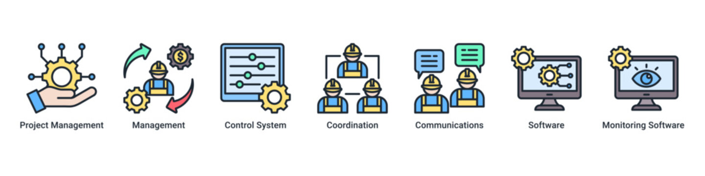 Management System web banner icon vector illustration with icons of Project Management,Management,Control System,Coordination,Communications,Software and Monitoring Software