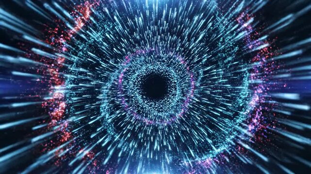 Futuristic Cosmic Vortex with glowing blue and red particles spiraling into a dark center perfect for sci-fi backgrounds and high-tech presentations.