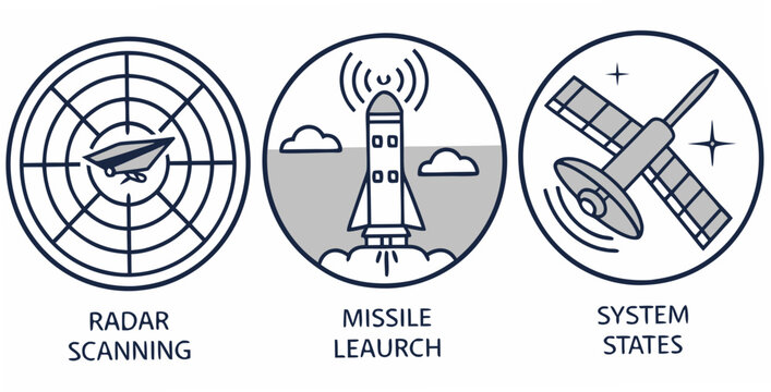 Air defense radar control icons set, including radar scanning, missile launch and system states, for military technology and defense systems.