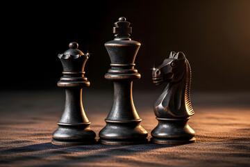 Fototapeta premium Three dark chess pieces king, queen and knight standing tall with reflective surfaces on a textured surface. World chess day
