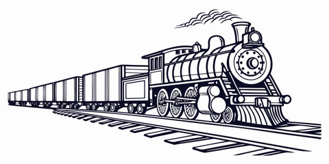 A black and white line art illustration of a vintage steam locomotive freight train traveling along railroad tracks. © Bs