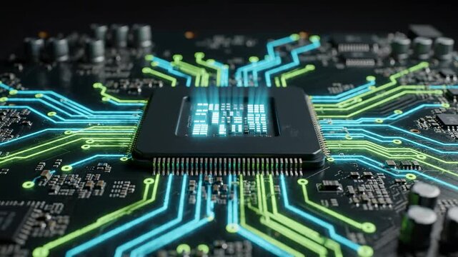 Futuristic CPU Processor with glowing blue and green data circuits on a dark motherboard, ideal for technology concepts and artificial intelligence backgrounds.