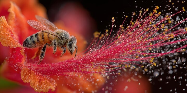 A bee pollinates a vibrant orange flower, capturing a moment of natural synergy and the delicate dance of life.