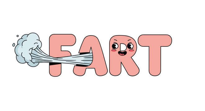 Humorous illustration of the word fart with a cartoon face and a cloud of air blowing out from the letter a on white.