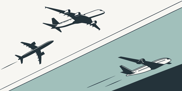 Vector silhouettes of cargo airplanes in flight and on runway, transportation and logistics concept