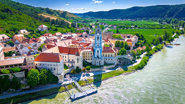 Medieval town of D&uuml;rnstein with the iconic blue church tower on Danube river in the Wachau Region, Upper Austria, Austria