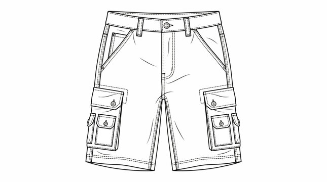 Detailed Line Art Illustration of Mens Cargo Shorts with Pockets.