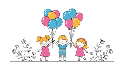 Fototapeta premium Three smiling children standing together in a line while holding large bunches of vibrant and colorful balloons.