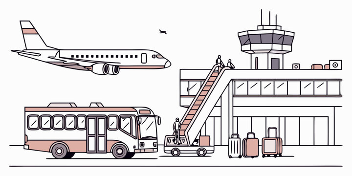 Airport transport vehicles set, including airplane, bus, and tug, at a modern terminal with a control tower and travelers with luggage, for travel and aviation concepts.