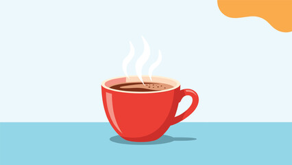 Fototapeta premium Steaming hot coffee or tea in a bright red ceramic cup on a blue surface with a warm yellow cloud shape in the background.