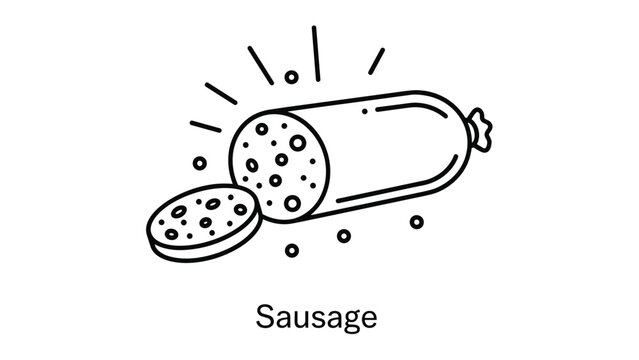 Simple line drawing of a whole salami sausage and a single slice with some peppercorns around it on a clean white background.