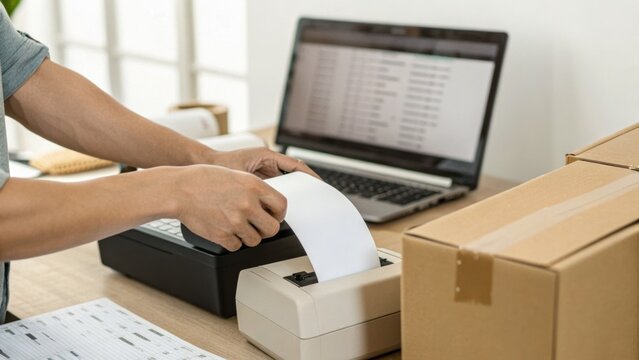 Person printing a label from a label printer next to a laptop and cardboard boxes on a desk.