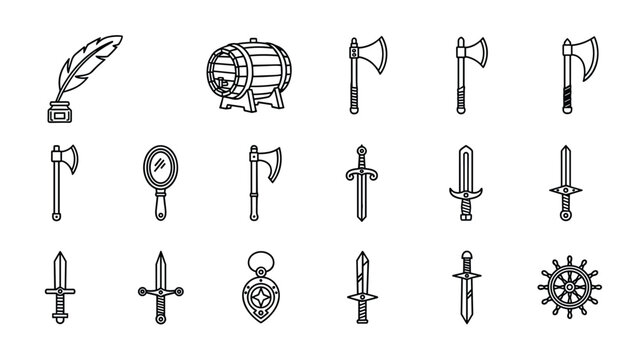 Set of black and white outline icons features medieval weapons and historical objects like axes, swords, a barrel, and a handheld mirror.