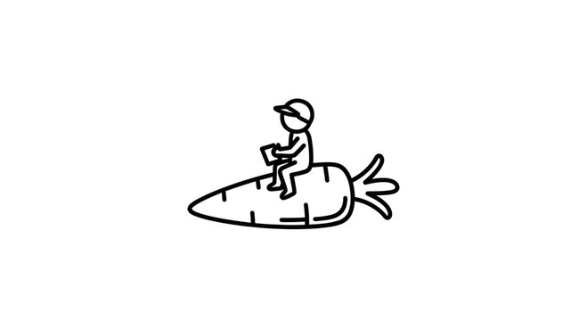 Whimsical line art illustration of a cheerful stick figure character riding a giant garden carrot
