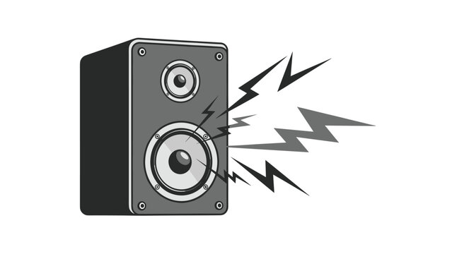 Black and white illustration of a loud speaker cabinet emitting stylized sound waves or lightning bolts on a plain white background.