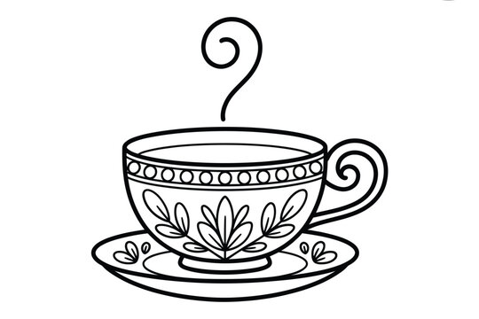 A delicate black and white illustration of a teacup with steam