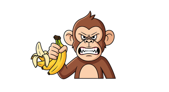 Angry monkey holding bananas, cartoon character, funny illustration