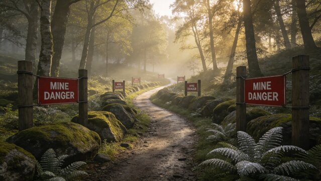 Mine Danger Signs along a Dirt Road in a Golden Misty Forest