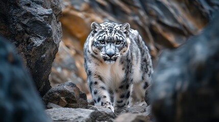 Fototapeta premium A snow leopard on rocky terrain generative ai