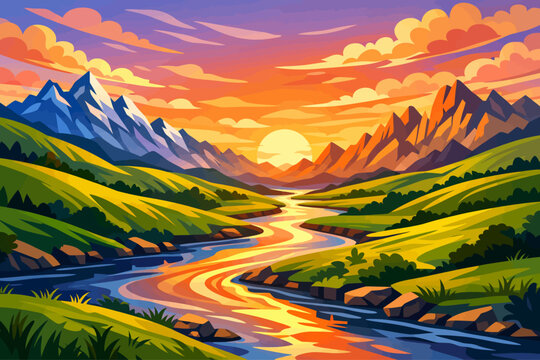 A river flows through a valley of rolling green hills and jagged mountains under a colorful sky with soft clouds and a bright sunset.