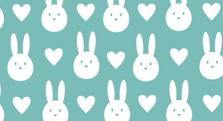 Obraz premium Minimalist seamless pattern featuring white rabbit head silhouettes and hearts distributed across a calm teal background.
