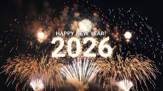 Spectacular New Year 2026 Celebration with bright fireworks exploding in the night sky for holiday greetings and event promotions.
