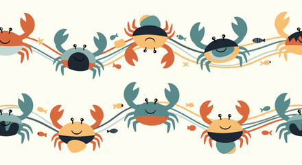 Naklejka premium Seamless pattern with cute cartoon crabs and little fishes on wavy sea background for children nursery fabric and wallpaper.
