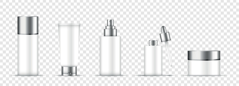 White cosmetic tube bottle and jar set with dropper and pump isolated on transparent background