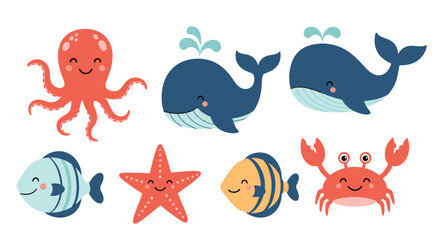 Naklejka premium Set of cute cartoon sea creatures including octopus, whale, fish, starfish, and crab on a plain white background for kids.