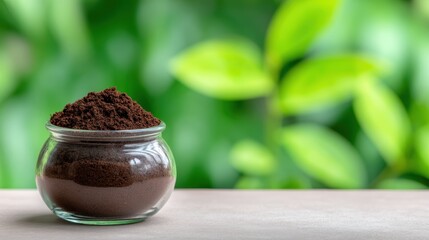 A jar filled with rich coffee grounds, surrounded by lush green foliage, perfect for coffee lovers and culinary enthusiasts.