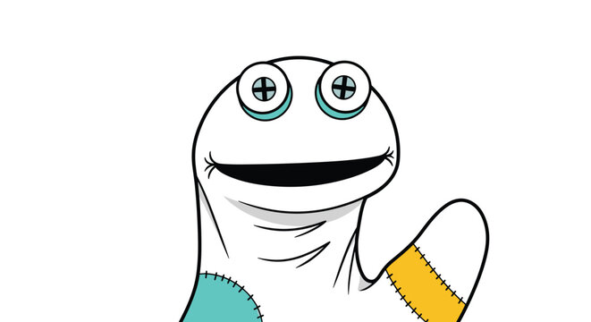 White sock puppet with blue and yellow patches and button eyes smiling and waving on a white background for children show.