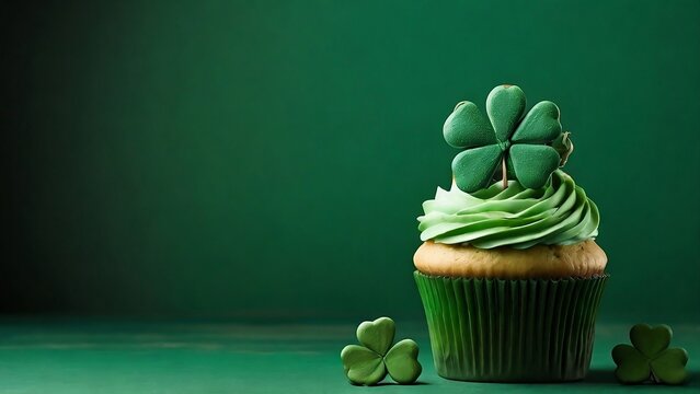 St. Patrick's Day cupcake with green four and clover on green background, party invitation design, created with generative ai