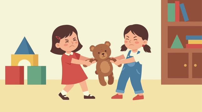 Two Little Girls Fighting Over Teddy Bear Vector Illustration Cartoon Children Conflict Concept
