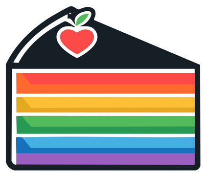 Colorful slice of cake with heart-shaped apple on top, illustration.