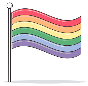 Waving rainbow flag on pole features stripes in various colors, red, yellow, green, blue, purple, and orange for celebration
