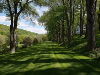 Obraz premium Pathway to Serenity: A scenic pathway, enveloped by a canopy of trees, offers a tranquil retreat into the heart of nature, evoking a sense of calm and escape.