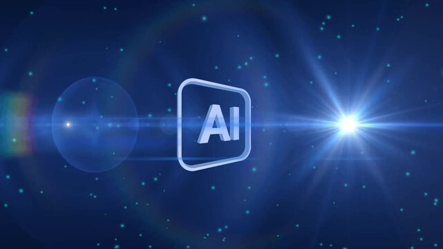 Seamless loop animation of glowing AI text inside a rounded square frame with bright lens flare and particles. Futuristic blue background with smooth motion, Concept of technology, innovation visual.