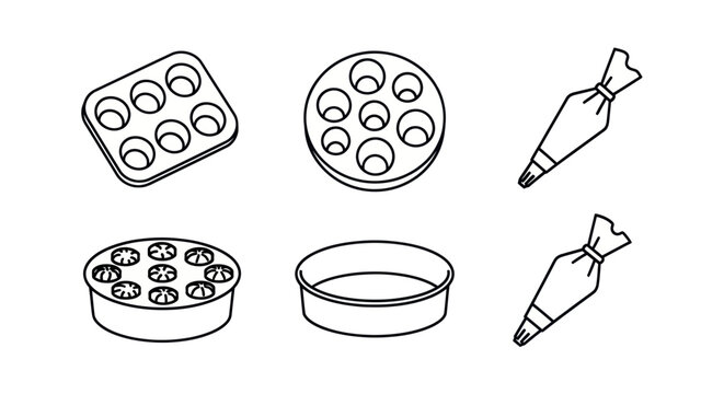 Baking Utensils Set: Muffin Tins, Cake Pan, Piping Bags - Vector Line Art