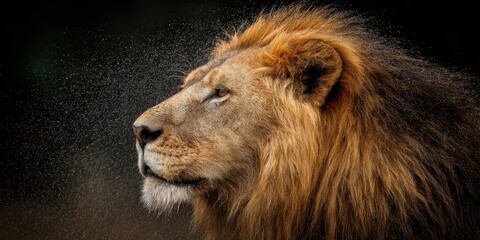 Obraz premium Majestic Lion's Portrait: A close-up profile of a lion, showcasing its impressive mane and intense gaze, captured with striking detail in a natural environment. 