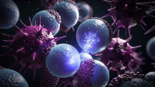 3D rendering of immune cells attacking viruses illustrating immune response and infection defense in the human body