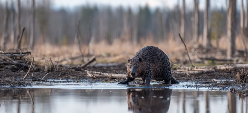 Beaver by the Water: A lone beaver, with its distinctive flat tail and buck teeth, ventures into a serene body of water.