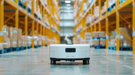 Obraz premium An autonomous robotic device with onboard sensors and moves through a vast organized warehouse featuring tall yellow shelving highlighting automated ope ns and logistics efficiency