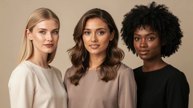 Portrait of three diverse confident young women smiling in neutral tones fashion studio background