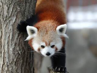 Obraz premium Red Panda's Descent: An adorable red panda, its vibrant reddish-brown fur and captivating eyes, gracefully descends a tree, a perfect moment captured in a stunning photorealistic image.