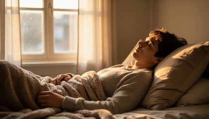 Obraz premium Young woman relaxing in cozy bedroom with soft morning sunlight and neutral tones