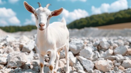 Fototapeta premium Close up portrait of a young white goat with short horns looking directly at the while standing on a sunlit arid terrain with scattered stones and distant green hills